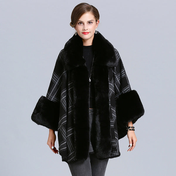 Poncho Cuadriculado para Mujer con Cuello de Pelaje Sintético Zorro - Abrigo Invierno