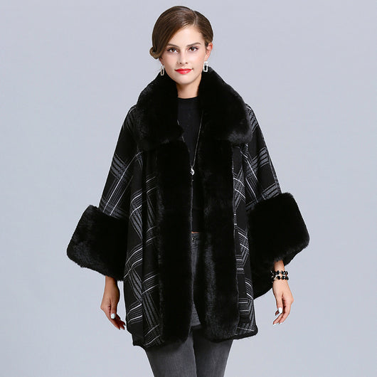 Poncho Cuadriculado para Mujer con Cuello de Pelaje Sintético Zorro - Abrigo Invierno