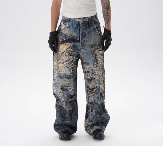 Pantalones Vaqueros Rectos con Estampado 3D Efecto Graffiti Rasgado - Image 8