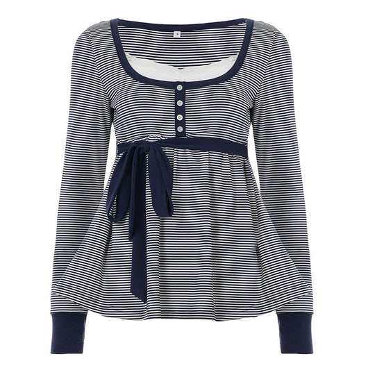 Blusa Rayada de Cintura Alta con Detalle de Encaje y Manga Larga Versátil - Image 6
