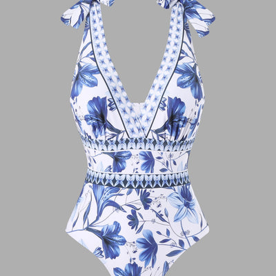 White and green floral print one-piece swimsuit with tie-shoulder straps and matching long chiffon skirt. - Image 2