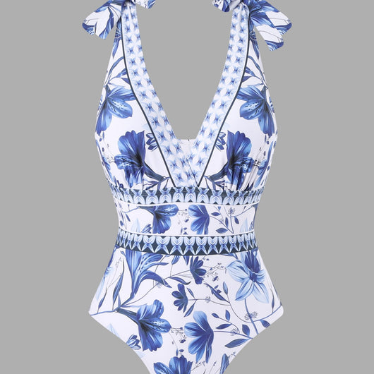 White and green floral print one-piece swimsuit with tie-shoulder straps and matching long chiffon skirt. - Image 2