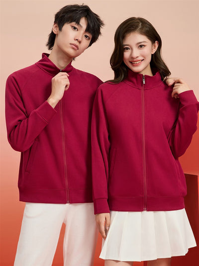 Purple full-zip jacket with a stand-up collar, raglan sleeves, and front pockets, displayed on a hanger. - Image 29