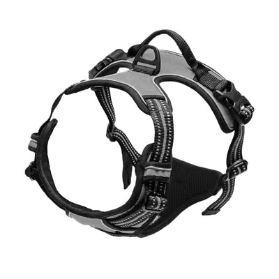 Red and black dog harness with reflective strips, adjustable straps, and a top handle for secure pet control. - Image 14