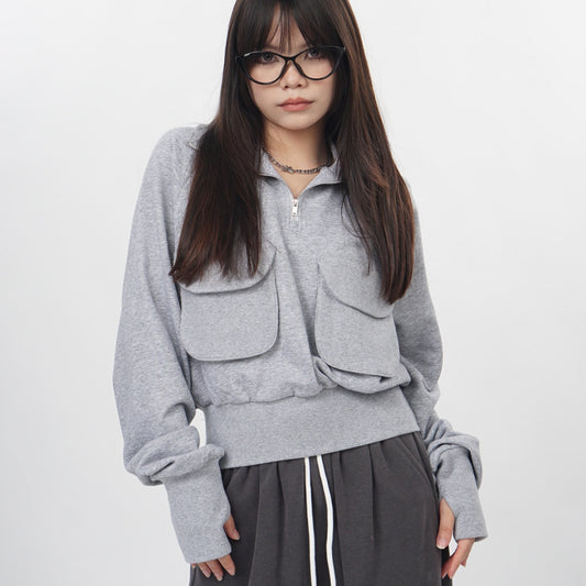 Suéter Gris con Cierre Medio - Pullover sin Capucha