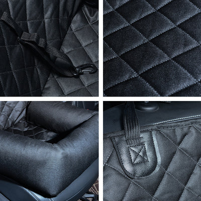 Brown and white patterned pet car seat with black trim and handles, designed for comfortable and secure pet travel. - Image 2
