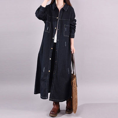 Abrigo Denim Tipo Trench Suelto Retro Desgastado Largo Medio - Image 7