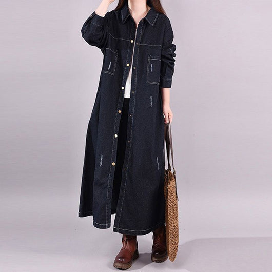 Abrigo Denim Tipo Trench Suelto Retro Desgastado Largo Medio - Image 7
