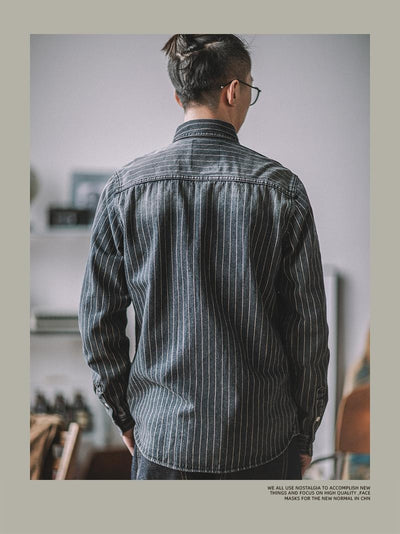 Camisa Denim Vintage a Rayas Verticales Manga Larga para Hombre - Image 11