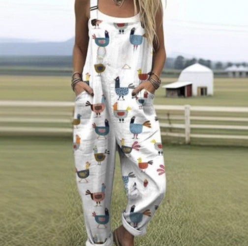 Pantalón Casual de Tiro Alto con Tirantes y Estampado Digital