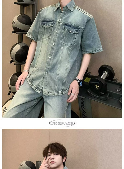 Camisa Denim Retro con Tres Rayas Laterales para Hombre - Image 18