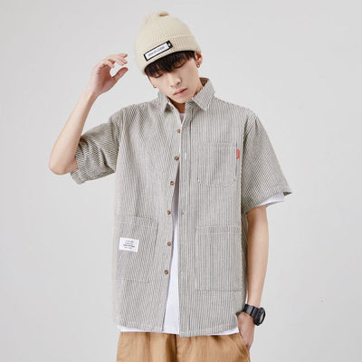 Camisa Suelta a Rayas con Múltiples Bolsillos para Hombre - Image 6