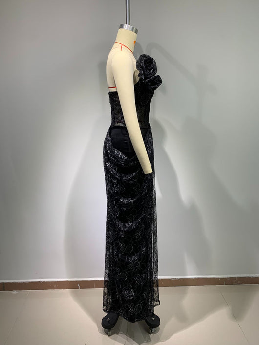 Vestido Negro Elegante sin Mangas con Encaje Floral y Espalda Descubierta Reductor - Image 13