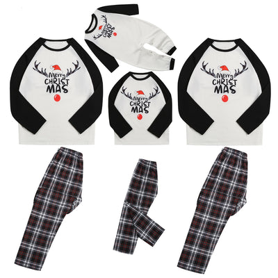 Christmas parent-child pajama set with a white and black raglan long-sleeved top featuring a 'Merry Christmas' reindeer graphic and red, black, and white plaid - Image 8