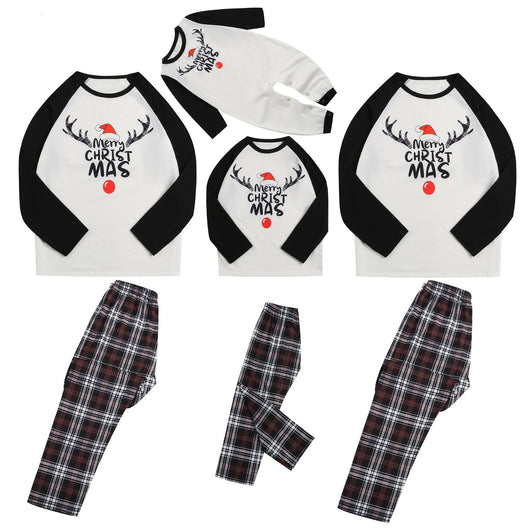 Christmas parent-child pajama set with a white and black raglan long-sleeved top featuring a 'Merry Christmas' reindeer graphic and red, black, and white plaid - Image 8