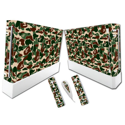 Camouflage decal sticker set for Wii console, two remotes, and Nunchuk, featuring green, brown, and beige pattern. - Image 8