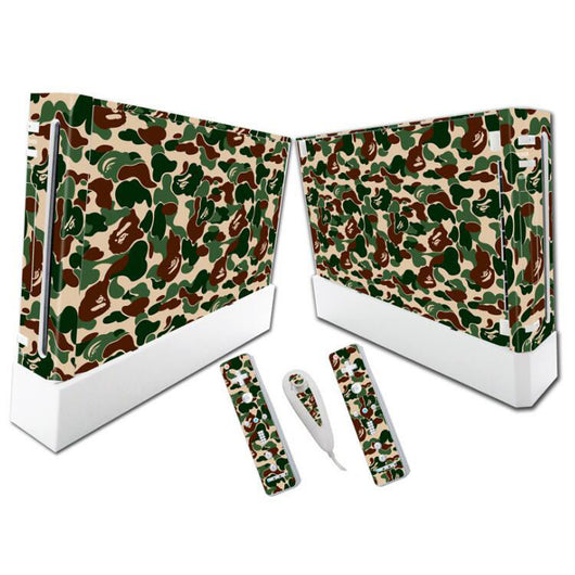 Camouflage decal sticker set for Wii console, two remotes, and Nunchuk, featuring green, brown, and beige pattern. - Image 8