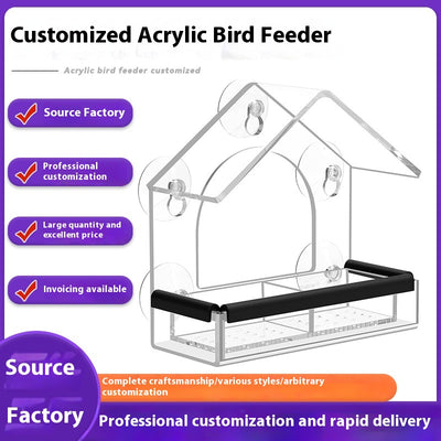 Transparent acrylic window bird feeder with a house-shaped roof and black perch, mounted with suction cups. - Image 2