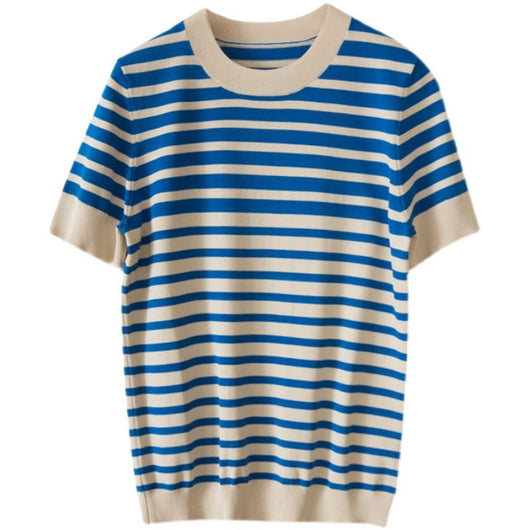 Blusa Holgada Ice Silk a Rayas con Cuello Redondo para Mujer - Image 4