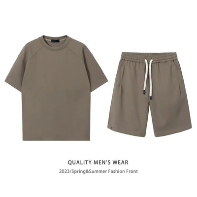 Khaki men's short-sleeved t-shirt and matching shorts set, featuring a loose fit and white drawstring. - Image 13