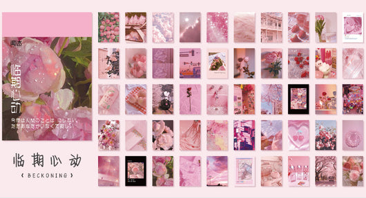 Set of 50 retro style decorative stickers featuring various purple and pink themed landscapes, skies, and abstract designs. - Image 36