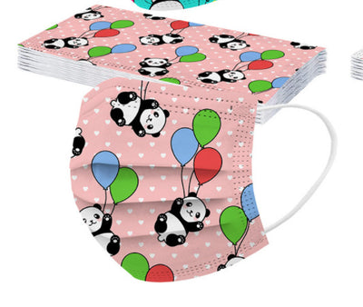 Pink children's protective mask with a cute panda and colorful balloon pattern, featuring white ear loops. - Image 2