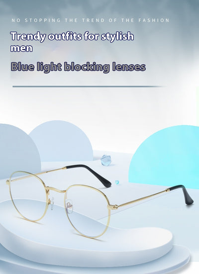 Black metal round frame anti-blue ray glasses with clear lenses, shown at an angle on a white background. - Image 13