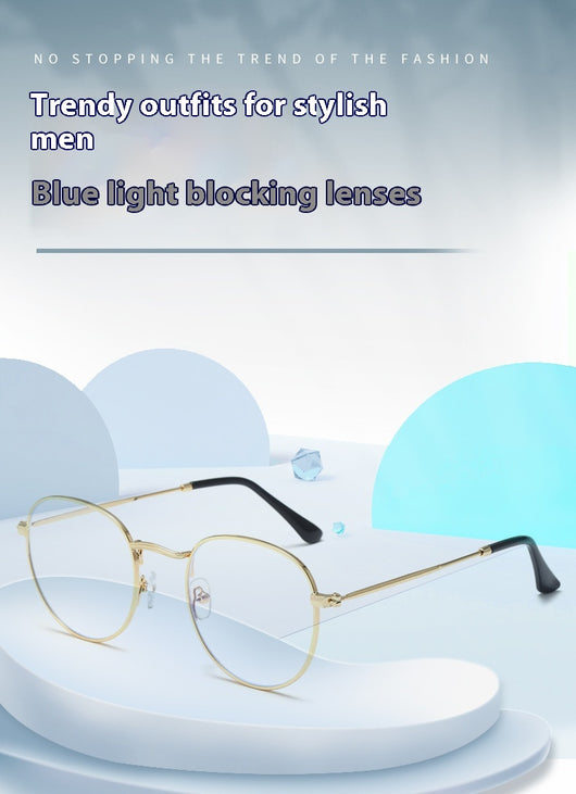 Black metal round frame anti-blue ray glasses with clear lenses, shown at an angle on a white background. - Image 13