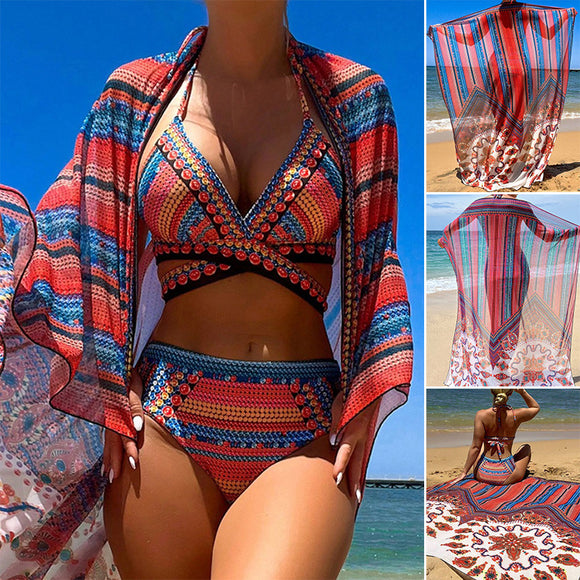 Traje de Baño Tres Piezas Cintura Alta con Blusa Sexy Escotada