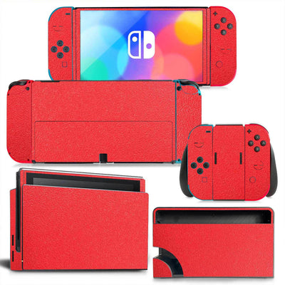 Yellow textured vinyl skin set for Nintendo Switch OLED console, Joy-Cons, and dock, shown disassembled. - Image 24