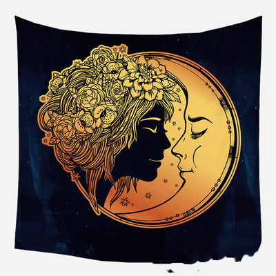 Golden crescent moon and woman silhouette tapestry with a floral crown against a dark blue starry background. - Image 43