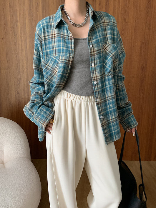 Camisa de Algodón Peinado Estilo Vintage a Cuadros Manga Larga - Image 9