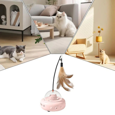 Electric interactive cat toy with a beige base, clear dome, and a cute cat head inside. Features a feather teaser wand with a bell. - Image 13
