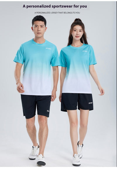 Purple and white gradient short-sleeve t-shirt with 'SPORT' text and black athletic shorts for women. - Image 24