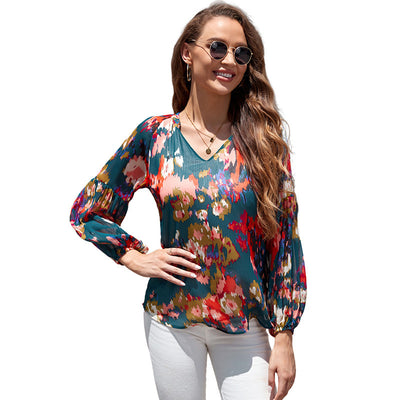 Blusa Floral de Gasa Suelta con Cuello en V - Image 8