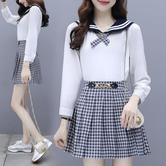 Conjunto Preppy Primavera: Blusa con Moño y Falda Cuadrillé - Image 9