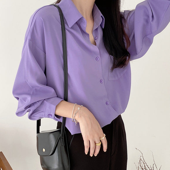 Blusa Holgada de Lino Solapa Manga Larga Color Sólido