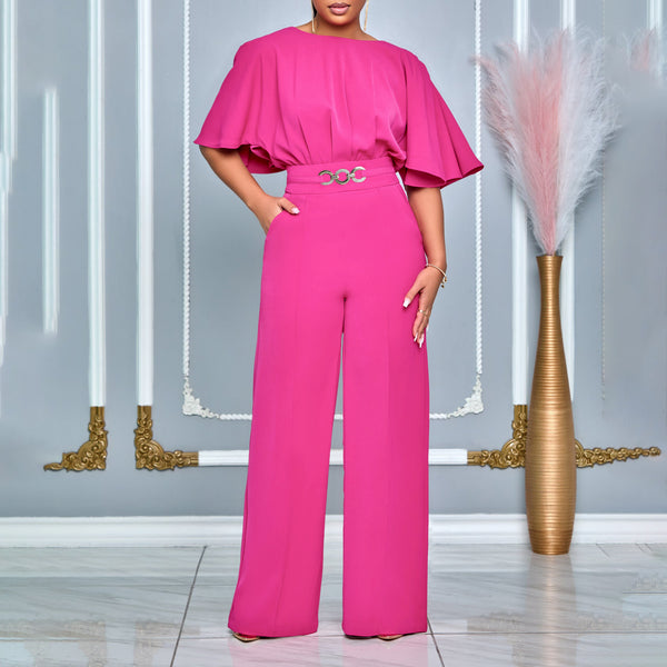 Jumpsuit Africano Talle Grande Cintura Alta Piernas Anchas Cuello Redondo