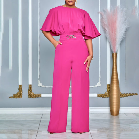 Jumpsuit Africano Talle Grande Cintura Alta Piernas Anchas Cuello Redondo
