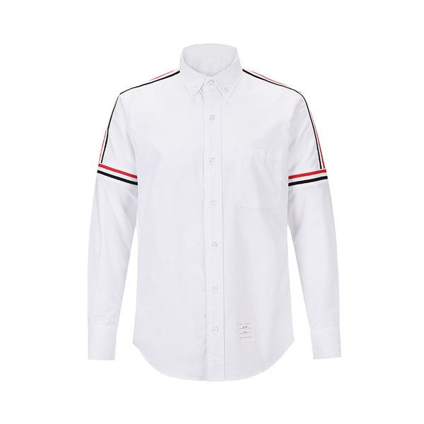 Camisa Oxford Blanca de Manga Larga con Detalles de Cinta en Hombros