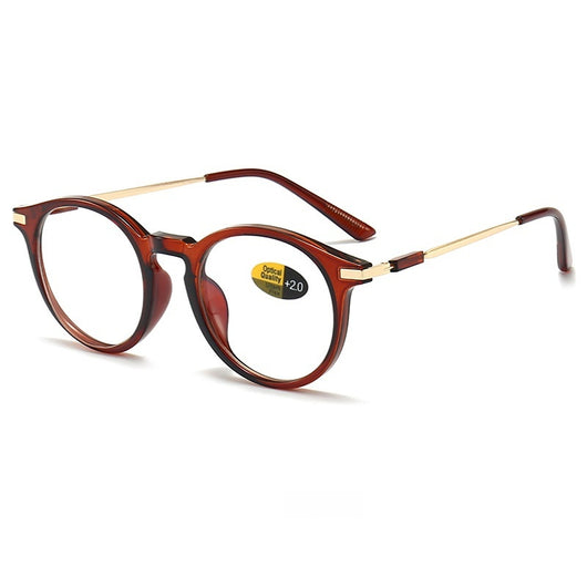Dark purple round-frame anti-blue light reading glasses with silver-colored temples on a white background. - Image 7