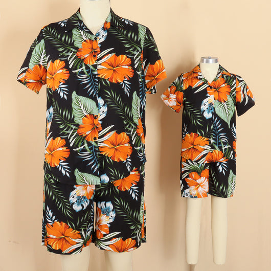 Family matching Hawaiian outfits: men's shirt and shorts, women's off-shoulder maxi dress, girl's dress, boy's shirt and shorts, all with black, orange hibiscus - Image 2
