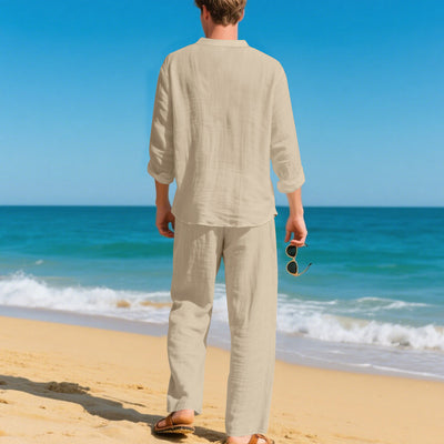 Conjunto de Pantalón y Camiseta Henley Suelta Transpirable para Hombre - Ropa de Playa Casual - Image 25