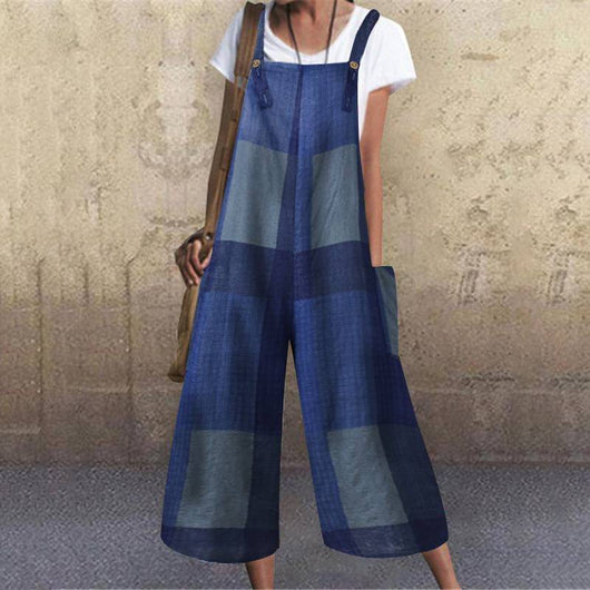 Jumpsuit Largo de Algodón y Lino a Cuadros con Tirantes Sueltos - Image 11