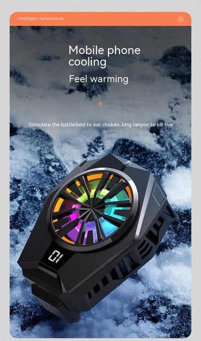 Black mobile phone cooling fan with colorful LED lights attached to the back of a silver smartphone. - Image 8