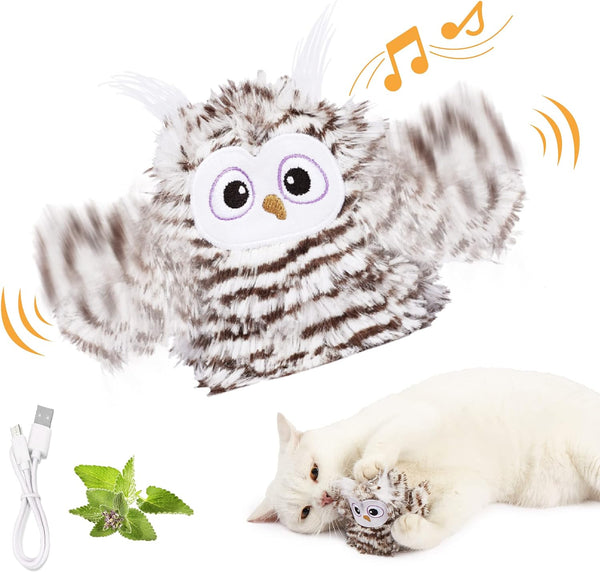 Juguete Interactivo para Gatos con Alas Batientes, Búho Chirriante Recargable con Catnip