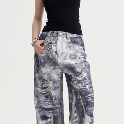 Jeans Rectos Oversize Vintage Desteñidos con Estampado Degradado para Mujer