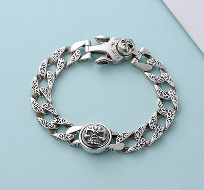 Pulsera de Plata Esterlina para Hombre con Calavera Giratoria y Patrón Retro - Image 7