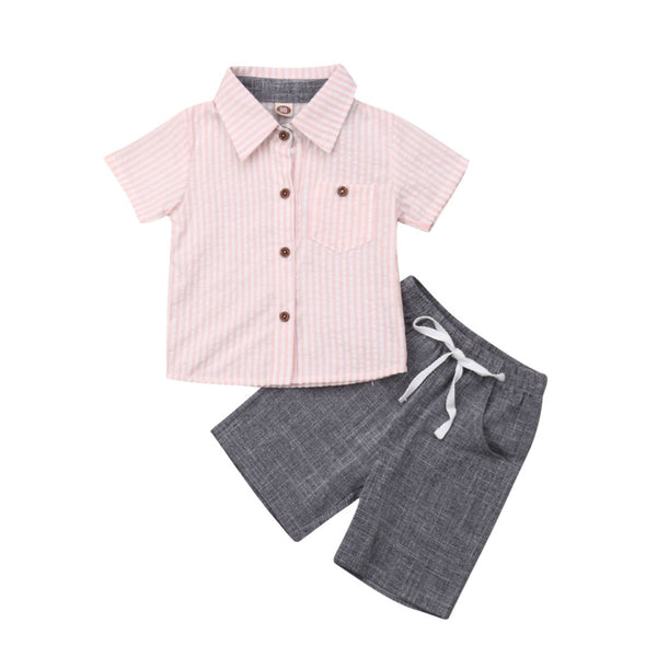 Conjunto Infantil de Camisa y Pantalones Cortos a Rayas con Cuello Solapa - Image 5