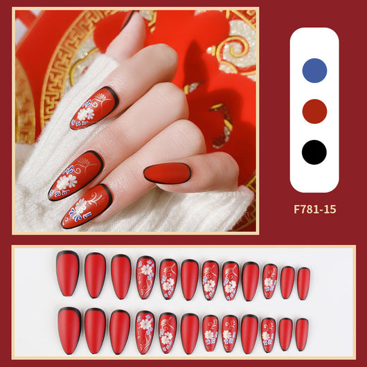 Uñas Postizas Estilo Chino Rojo Brillante - Parches de Manicura Artística - Image 7